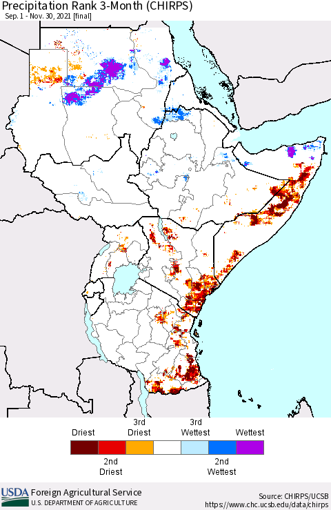 Eastern Africa Precipitation Rank since 1981, 3-Month (CHIRPS) Thematic Map For 9/1/2021 - 11/30/2021