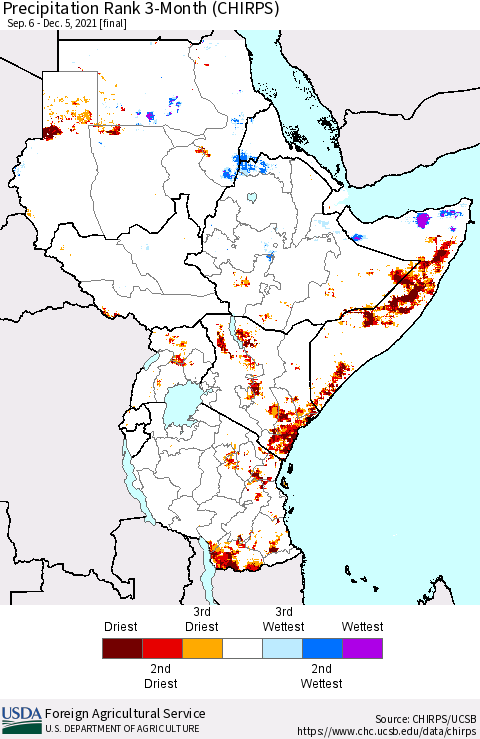 Eastern Africa Precipitation Rank 3-Month (CHIRPS) Thematic Map For 9/6/2021 - 12/5/2021