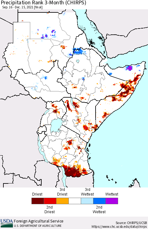 Eastern Africa Precipitation Rank 3-Month (CHIRPS) Thematic Map For 9/16/2021 - 12/15/2021