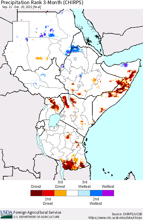 Eastern Africa Precipitation Rank 3-Month (CHIRPS) Thematic Map For 9/21/2021 - 12/20/2021