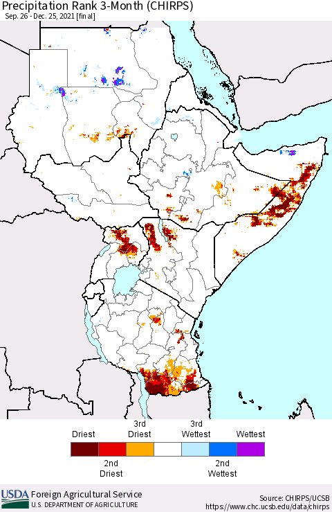 Eastern Africa Precipitation Rank 3-Month (CHIRPS) Thematic Map For 9/26/2021 - 12/25/2021