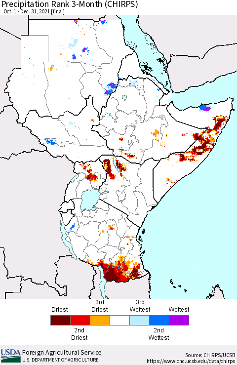 Eastern Africa Precipitation Rank 3-Month (CHIRPS) Thematic Map For 10/1/2021 - 12/31/2021