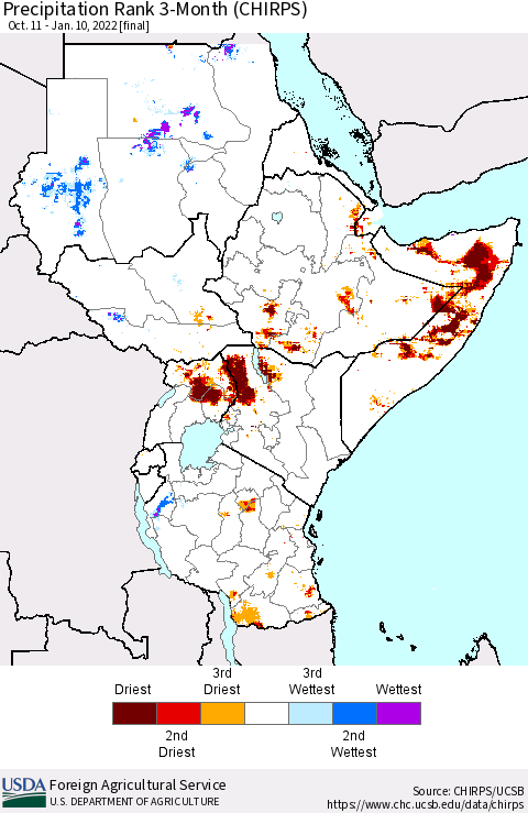 Eastern Africa Precipitation Rank since 1981, 3-Month (CHIRPS) Thematic Map For 10/11/2021 - 1/10/2022