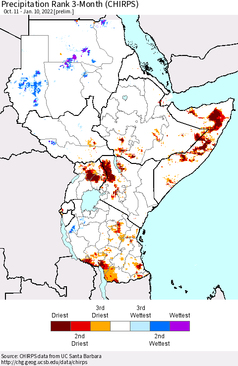 Eastern Africa Precipitation Rank 3-Month (CHIRPS) Thematic Map For 10/11/2021 - 1/10/2022