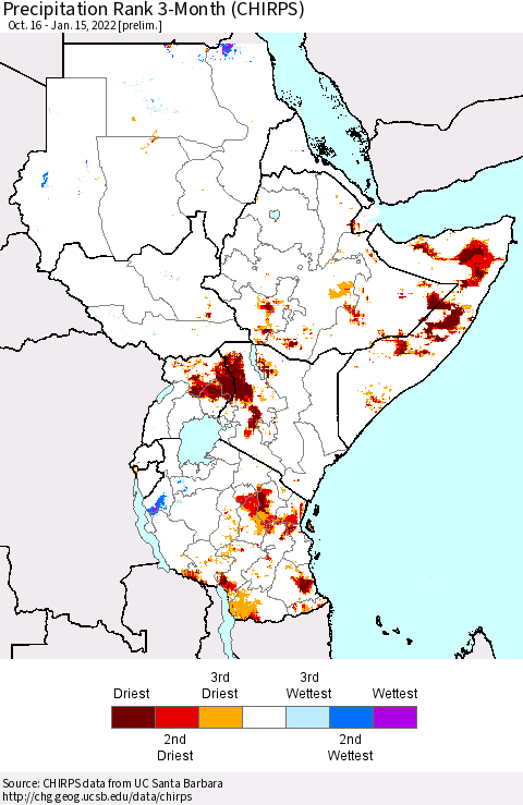 Eastern Africa Precipitation Rank 3-Month (CHIRPS) Thematic Map For 10/16/2021 - 1/15/2022