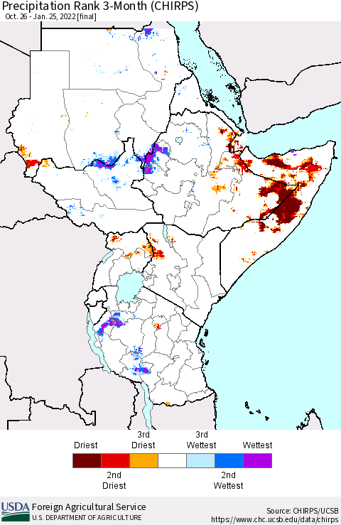 Eastern Africa Precipitation Rank 3-Month (CHIRPS) Thematic Map For 10/26/2021 - 1/25/2022