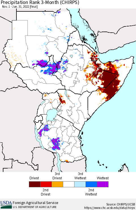 Eastern Africa Precipitation Rank 3-Month (CHIRPS) Thematic Map For 11/1/2021 - 1/31/2022