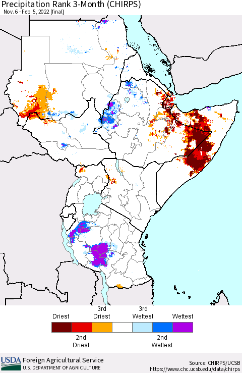 Eastern Africa Precipitation Rank 3-Month (CHIRPS) Thematic Map For 11/6/2021 - 2/5/2022