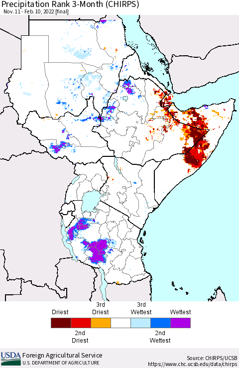 Eastern Africa Precipitation Rank 3-Month (CHIRPS) Thematic Map For 11/11/2021 - 2/10/2022