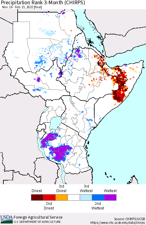 Eastern Africa Precipitation Rank 3-Month (CHIRPS) Thematic Map For 11/16/2021 - 2/15/2022