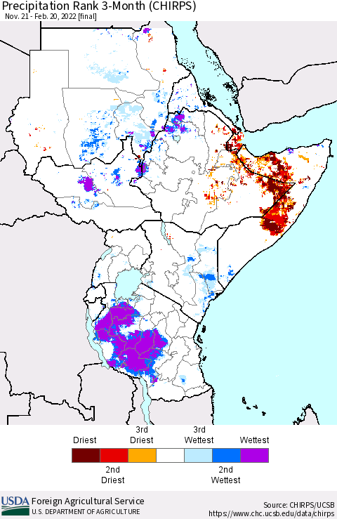 Eastern Africa Precipitation Rank 3-Month (CHIRPS) Thematic Map For 11/21/2021 - 2/20/2022