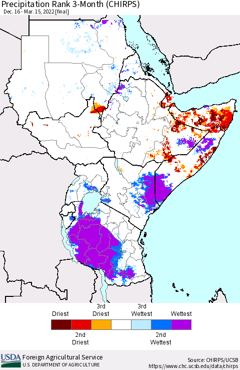 Eastern Africa Precipitation Rank since 1981, 3-Month (CHIRPS) Thematic Map For 12/16/2021 - 3/15/2022