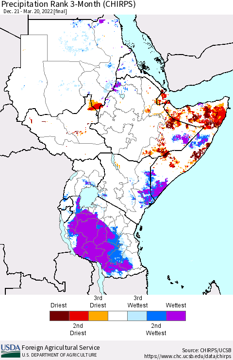 Eastern Africa Precipitation Rank since 1981, 3-Month (CHIRPS) Thematic Map For 12/21/2021 - 3/20/2022