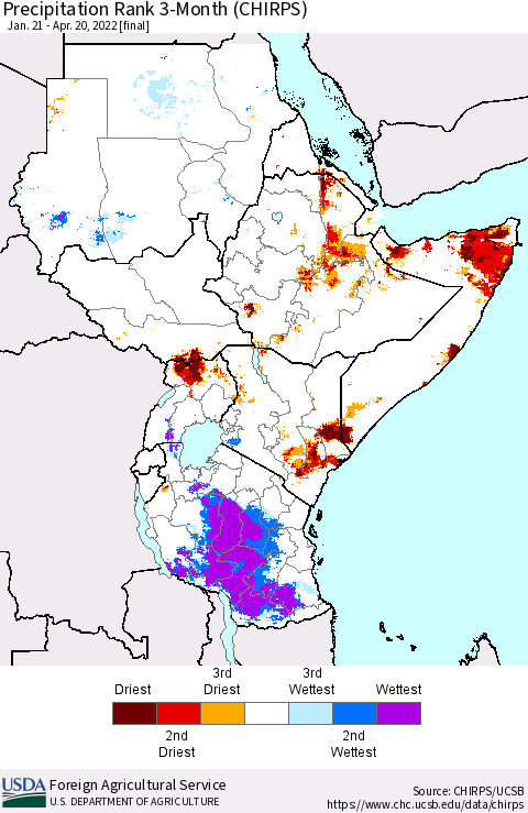 Eastern Africa Precipitation Rank 3-Month (CHIRPS) Thematic Map For 1/21/2022 - 4/20/2022