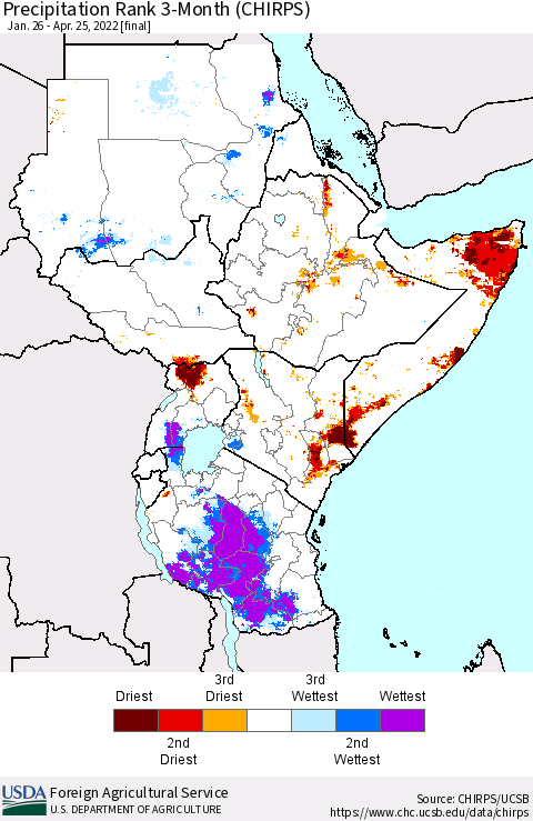 Eastern Africa Precipitation Rank since 1981, 3-Month (CHIRPS) Thematic Map For 1/26/2022 - 4/25/2022