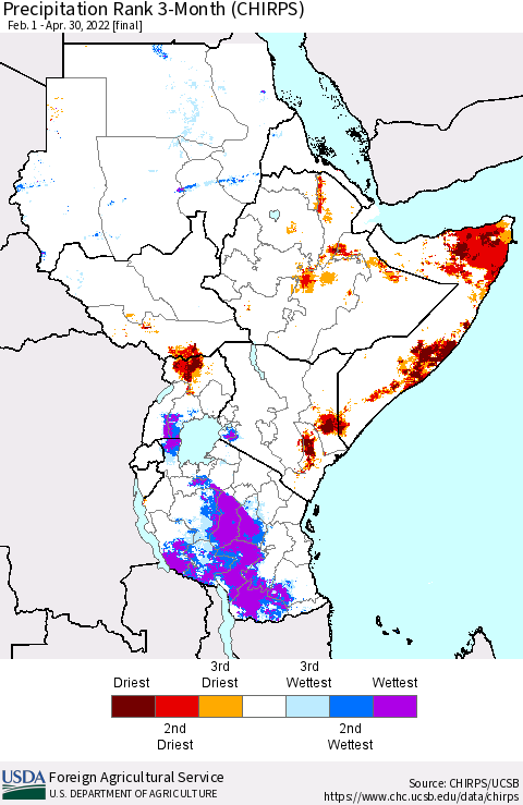 Eastern Africa Precipitation Rank 3-Month (CHIRPS) Thematic Map For 2/1/2022 - 4/30/2022