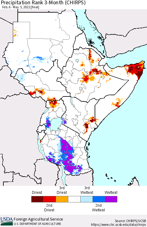 Eastern Africa Precipitation Rank 3-Month (CHIRPS) Thematic Map For 2/6/2022 - 5/5/2022