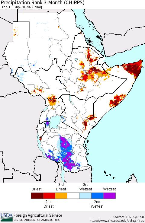 Eastern Africa Precipitation Rank 3-Month (CHIRPS) Thematic Map For 2/11/2022 - 5/10/2022