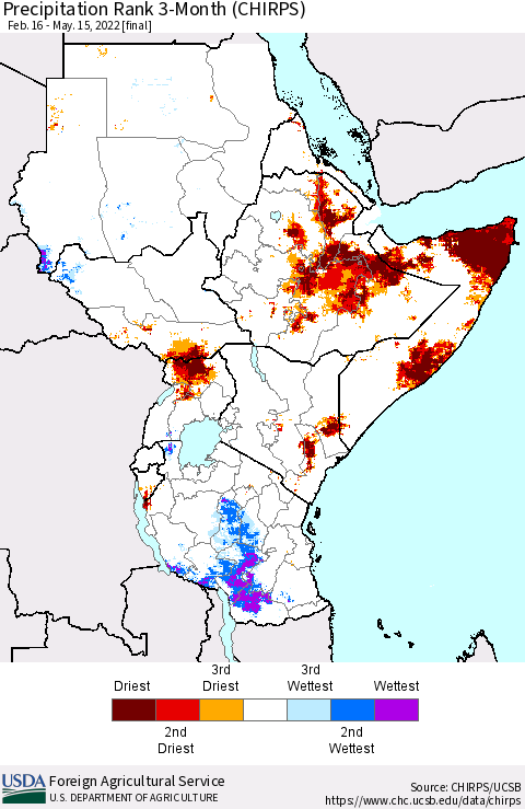 Eastern Africa Precipitation Rank 3-Month (CHIRPS) Thematic Map For 2/16/2022 - 5/15/2022