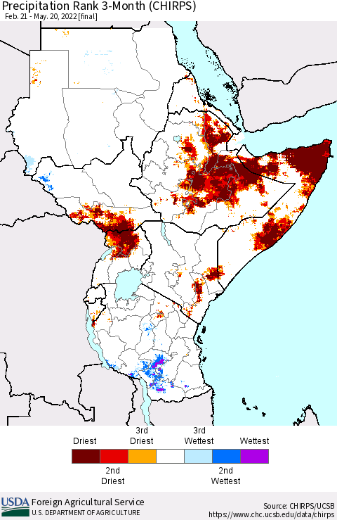 Eastern Africa Precipitation Rank 3-Month (CHIRPS) Thematic Map For 2/21/2022 - 5/20/2022