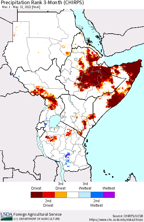 Eastern Africa Precipitation Rank 3-Month (CHIRPS) Thematic Map For 3/1/2022 - 5/31/2022