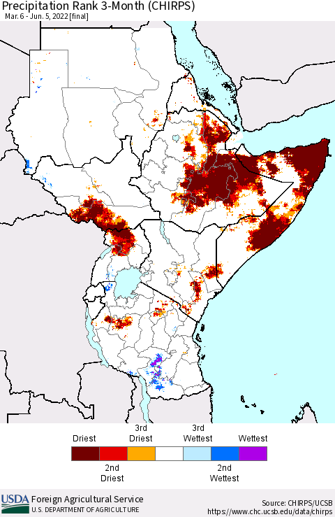 Eastern Africa Precipitation Rank 3-Month (CHIRPS) Thematic Map For 3/6/2022 - 6/5/2022