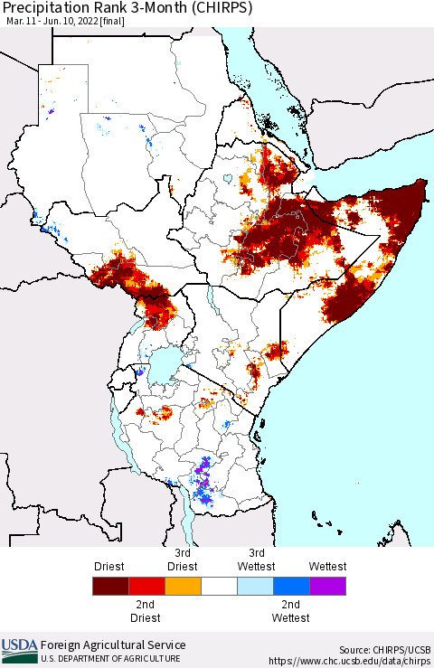 Eastern Africa Precipitation Rank 3-Month (CHIRPS) Thematic Map For 3/11/2022 - 6/10/2022