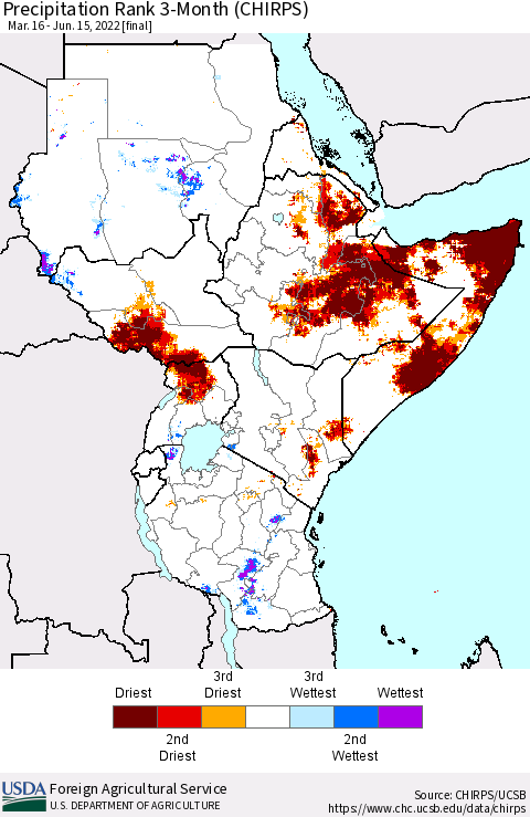 Eastern Africa Precipitation Rank 3-Month (CHIRPS) Thematic Map For 3/16/2022 - 6/15/2022