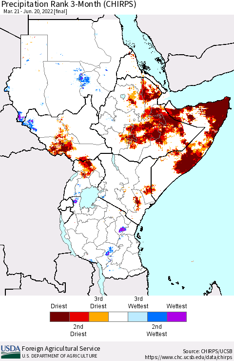 Eastern Africa Precipitation Rank 3-Month (CHIRPS) Thematic Map For 3/21/2022 - 6/20/2022