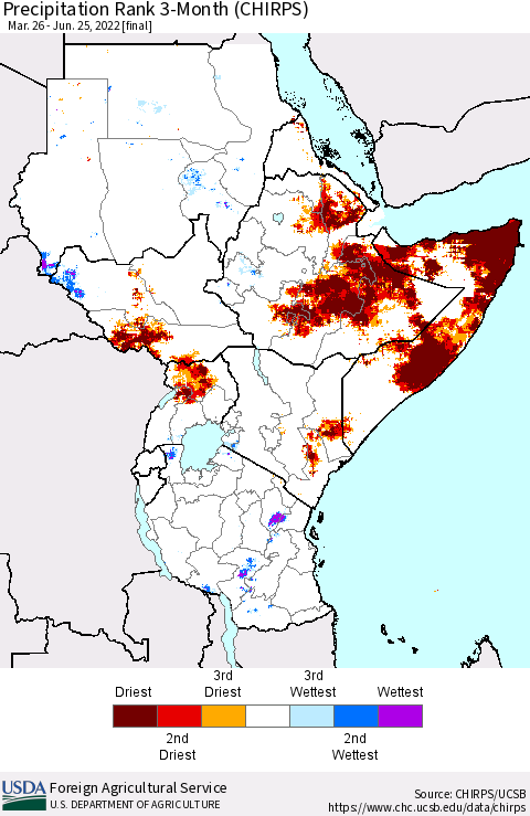 Eastern Africa Precipitation Rank 3-Month (CHIRPS) Thematic Map For 3/26/2022 - 6/25/2022