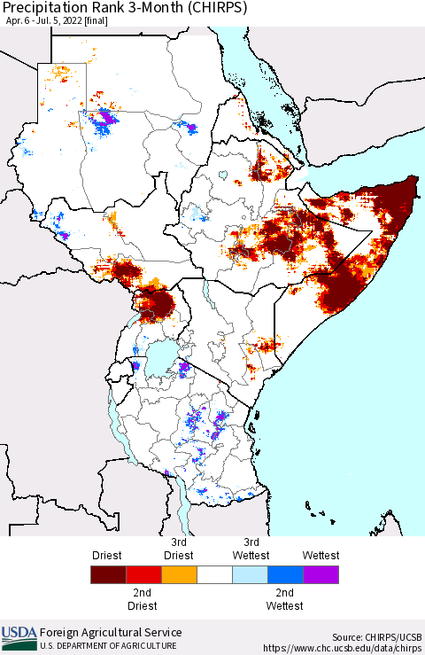 Eastern Africa Precipitation Rank since 1981, 3-Month (CHIRPS) Thematic Map For 4/6/2022 - 7/5/2022