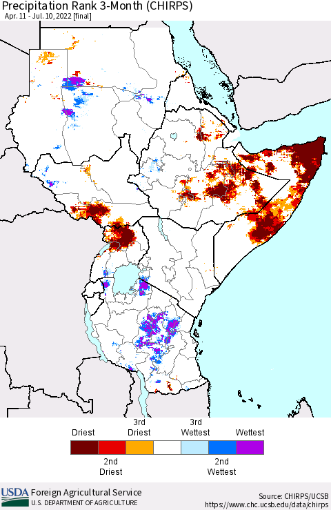 Eastern Africa Precipitation Rank since 1981, 3-Month (CHIRPS) Thematic Map For 4/11/2022 - 7/10/2022