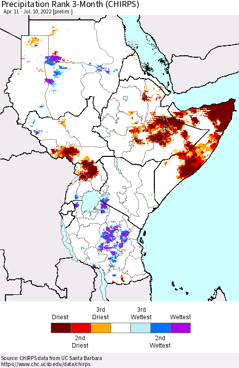 Eastern Africa Precipitation Rank 3-Month (CHIRPS) Thematic Map For 4/11/2022 - 7/10/2022