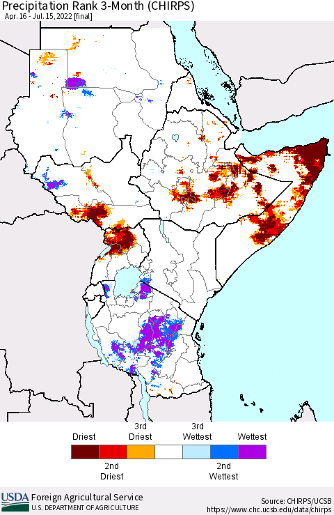 Eastern Africa Precipitation Rank since 1981, 3-Month (CHIRPS) Thematic Map For 4/16/2022 - 7/15/2022