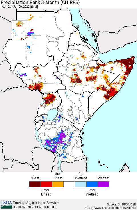 Eastern Africa Precipitation Rank since 1981, 3-Month (CHIRPS) Thematic Map For 4/21/2022 - 7/20/2022
