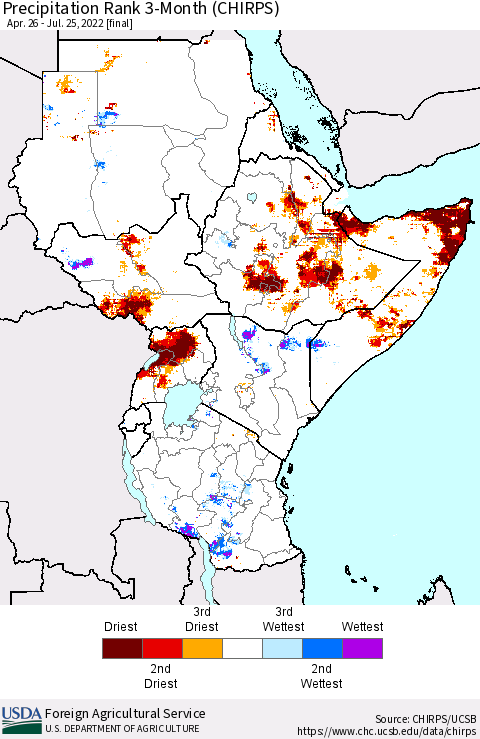 Eastern Africa Precipitation Rank since 1981, 3-Month (CHIRPS) Thematic Map For 4/26/2022 - 7/25/2022