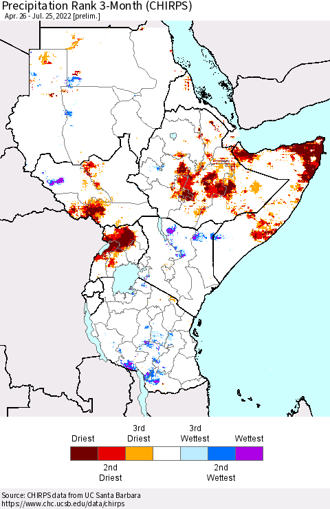 Eastern Africa Precipitation Rank 3-Month (CHIRPS) Thematic Map For 4/26/2022 - 7/25/2022