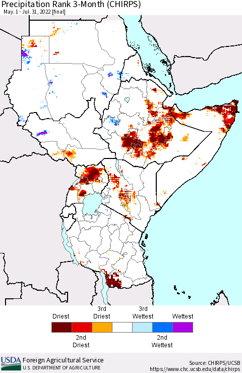 Eastern Africa Precipitation Rank since 1981, 3-Month (CHIRPS) Thematic Map For 5/1/2022 - 7/31/2022