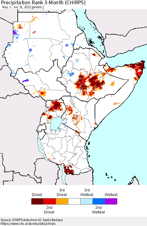 Eastern Africa Precipitation Rank 3-Month (CHIRPS) Thematic Map For 5/1/2022 - 7/31/2022