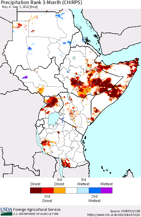 Eastern Africa Precipitation Rank since 1981, 3-Month (CHIRPS) Thematic Map For 5/6/2022 - 8/5/2022