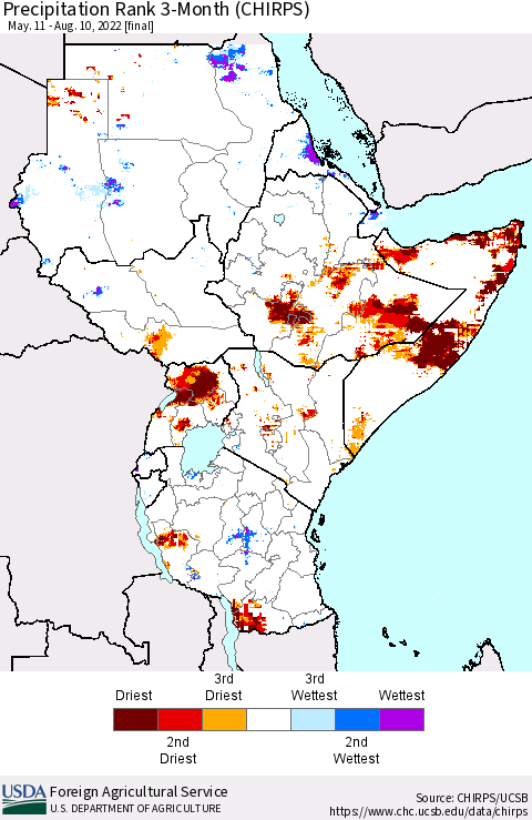 Eastern Africa Precipitation Rank since 1981, 3-Month (CHIRPS) Thematic Map For 5/11/2022 - 8/10/2022