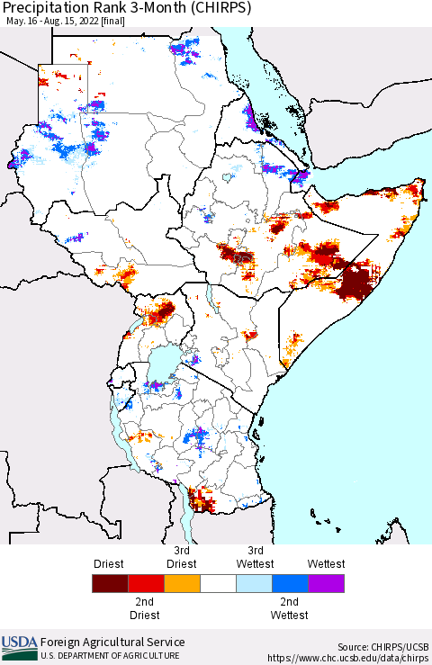 Eastern Africa Precipitation Rank since 1981, 3-Month (CHIRPS) Thematic Map For 5/16/2022 - 8/15/2022