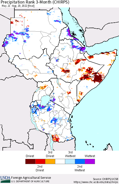 Eastern Africa Precipitation Rank since 1981, 3-Month (CHIRPS) Thematic Map For 5/21/2022 - 8/20/2022