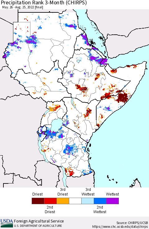 Eastern Africa Precipitation Rank since 1981, 3-Month (CHIRPS) Thematic Map For 5/26/2022 - 8/25/2022