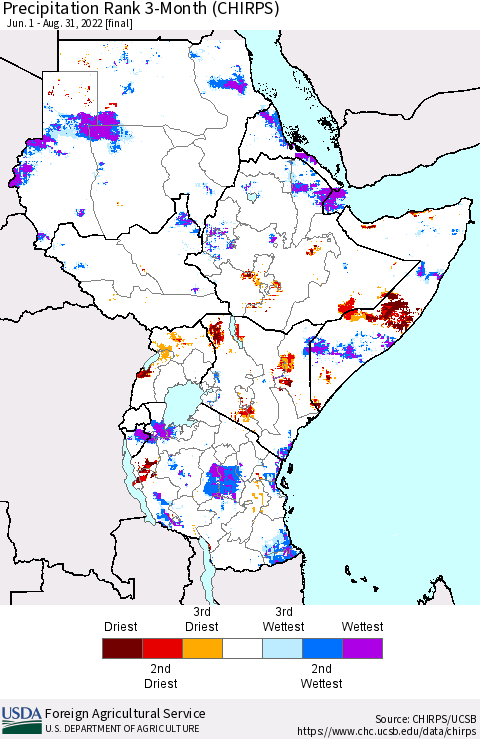 Eastern Africa Precipitation Rank since 1981, 3-Month (CHIRPS) Thematic Map For 6/1/2022 - 8/31/2022