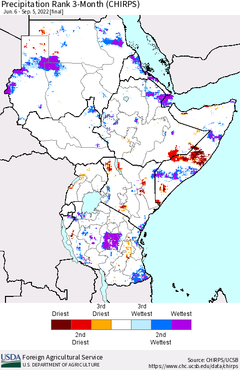 Eastern Africa Precipitation Rank since 1981, 3-Month (CHIRPS) Thematic Map For 6/6/2022 - 9/5/2022