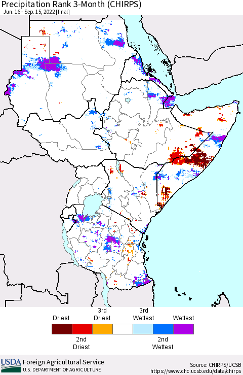 Eastern Africa Precipitation Rank since 1981, 3-Month (CHIRPS) Thematic Map For 6/16/2022 - 9/15/2022