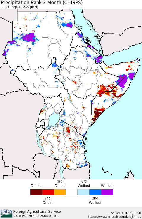 Eastern Africa Precipitation Rank since 1981, 3-Month (CHIRPS) Thematic Map For 7/1/2022 - 9/30/2022