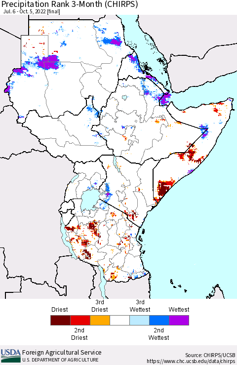 Eastern Africa Precipitation Rank since 1981, 3-Month (CHIRPS) Thematic Map For 7/6/2022 - 10/5/2022