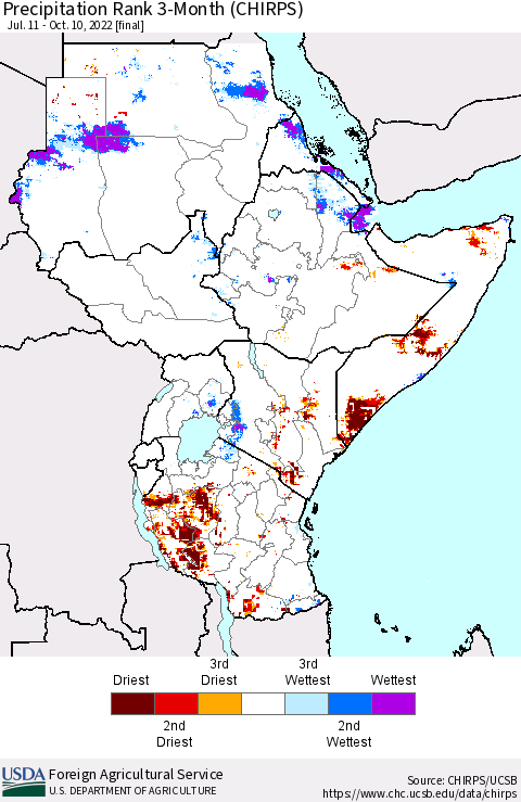 Eastern Africa Precipitation Rank since 1981, 3-Month (CHIRPS) Thematic Map For 7/11/2022 - 10/10/2022